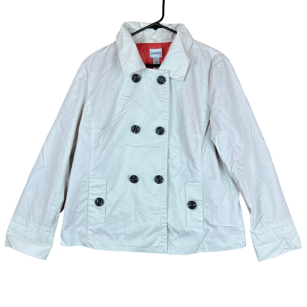 Chicos Womens Jacket Cream Coral Lined Double Breasted 100% Cotton 2 (US L)